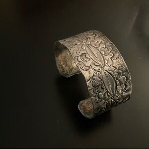 Silver Floral Engraved Cuff Bracelet, Old Navajo Silver bracelet with stamping.